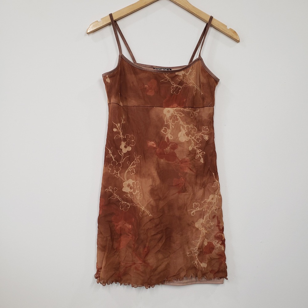 City Triangles Mesh Mini Dress Womens Medium‎ Brown Floral Y2K 90s Lettuce Hem